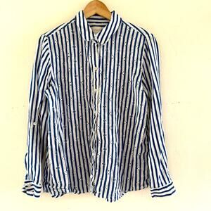Chicos 100% Linen Stripe Button Front‎ Long Sleeve Shirt Size 2 Eyelet Detail